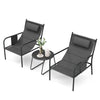 Gray 3-piece outdoor bistro set featuring two metal chairs with elastic headrests and a coffee table, perfect for patio.