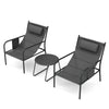 Gray 3-piece outdoor bistro set featuring two metal chairs with elastic headrests and a coffee table for patio.