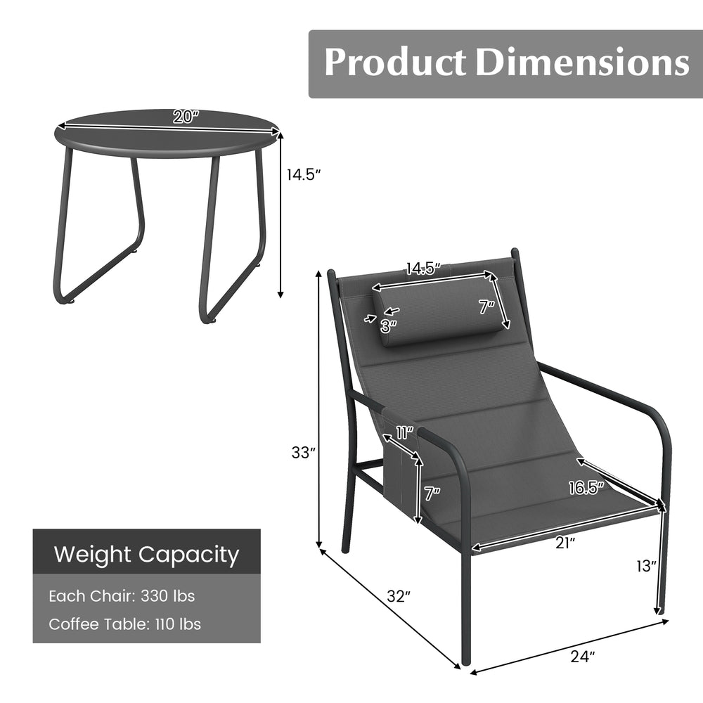 Dimensions of the 3 Piece Outdoor Bistro Set showing gray metal chair and coffee table for backyard or poolside use.