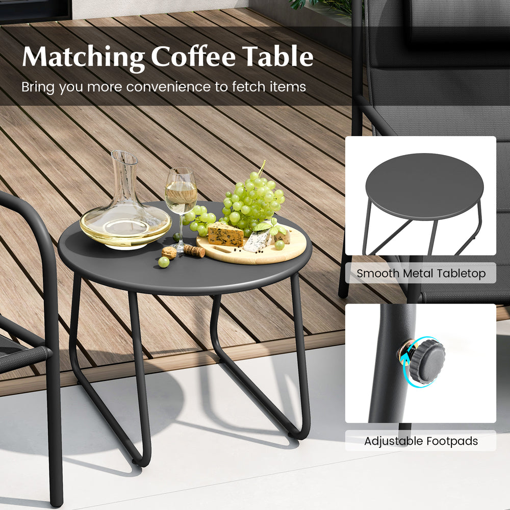Gray coffee table with smooth metal tabletop and adjustable footpads, perfect for outdoor bistro set convenience.