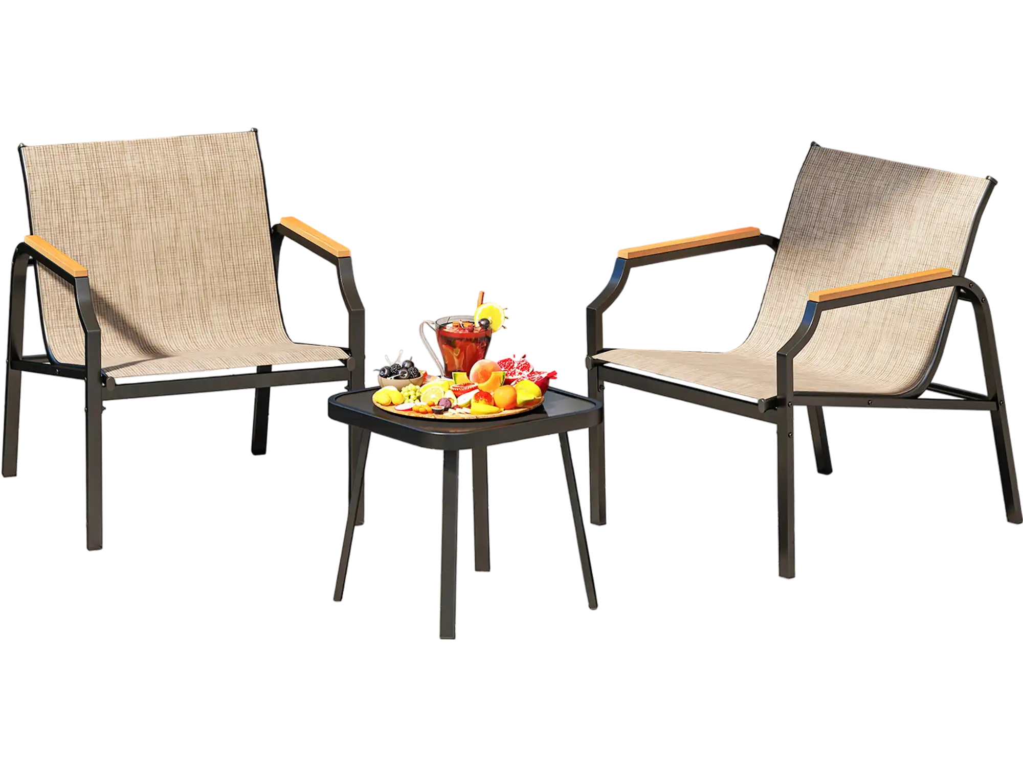 Costway 3-Piece Outdoor Chair & Table Set with Breathable Fabric Seat Armrests Brown 593782416 New