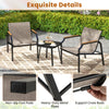 Two outdoor chairs with breathable fabric seats and armrests, featuring a stylish side table, perfect for backyard.