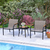 Two outdoor chairs with breathable fabric seats and armrests, paired with a stylish side table, perfect for poolside.