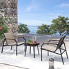 Two outdoor chairs with breathable fabric seats and a stylish side table, perfect for backyard relaxation.