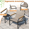 Ergonomic outdoor armchair with breathable fabric seat, reinforced metal frame, and wood-plastic armrests for backyard.