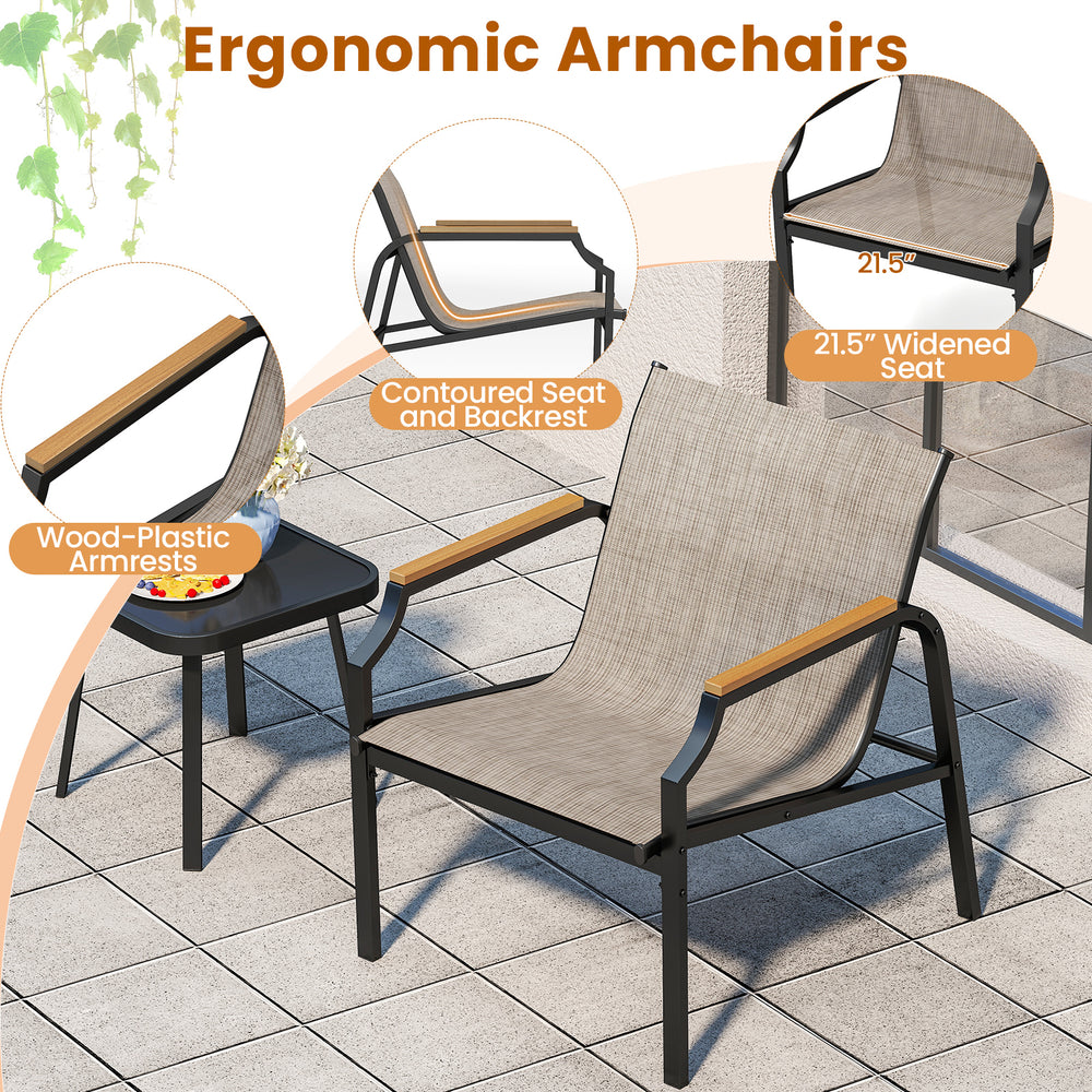 Ergonomic outdoor armchair with breathable fabric seat, reinforced metal frame, and wood-plastic armrests for backyard.