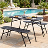 Black metal bench from the 3-piece outdoor dining set, designed for comfort and stability in backyard settings.