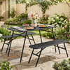 3-piece outdoor dining set in black featuring a table and 2 benches, ideal for backyard gatherings and easy assembly.