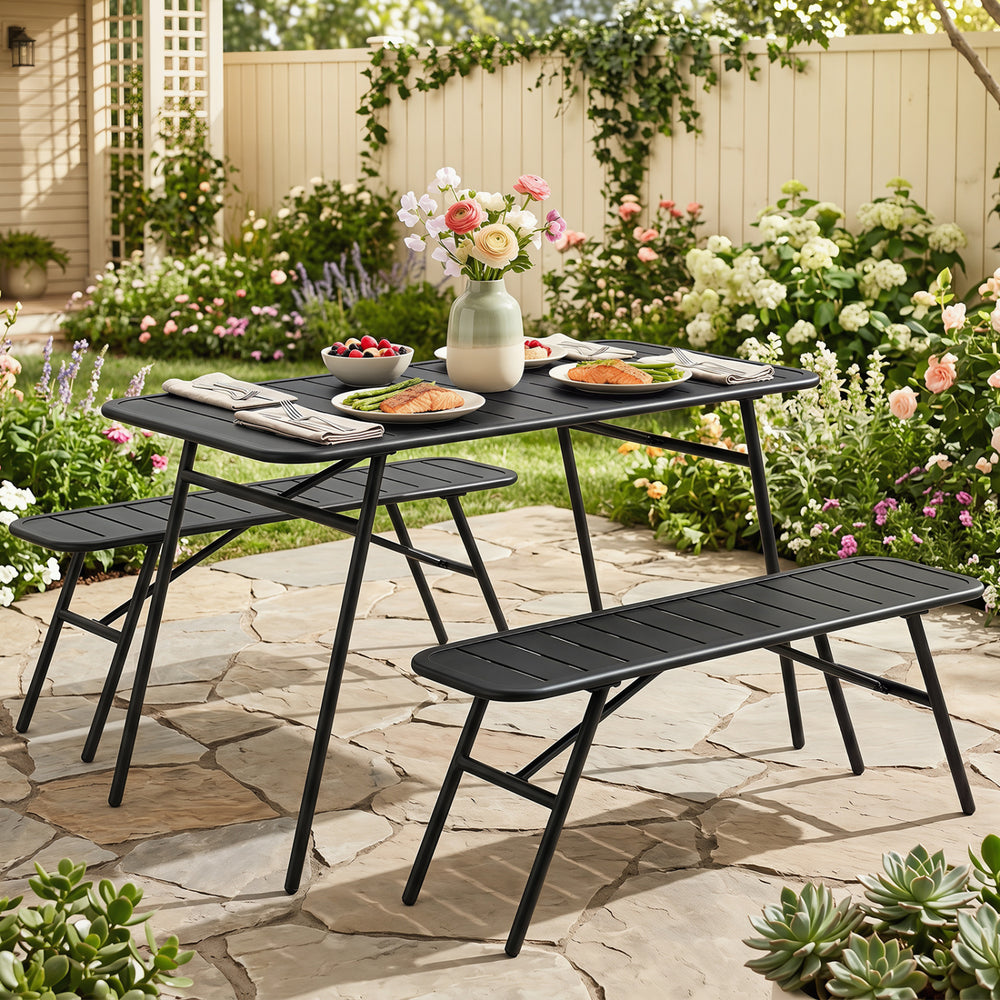 3-piece outdoor dining set in black featuring a table and 2 benches, ideal for backyard gatherings and easy assembly.
