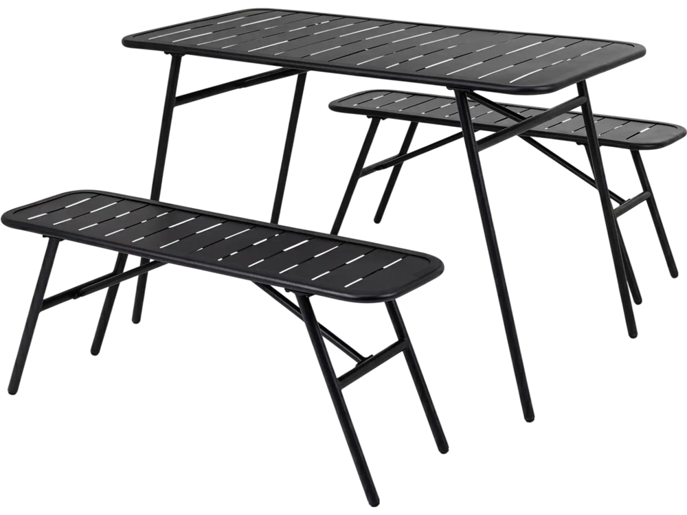 3-piece outdoor dining set in black featuring a table and two benches, perfect for backyard gatherings and easy assembly.