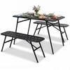 3-piece outdoor dining set featuring a black metal table and two benches, perfect for backyard gatherings and easy assembly.