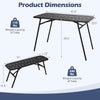 Dimensions of the 3-piece outdoor dining set, featuring a black metal table and benches with weight capacities of 110 lbs and 330 lbs.