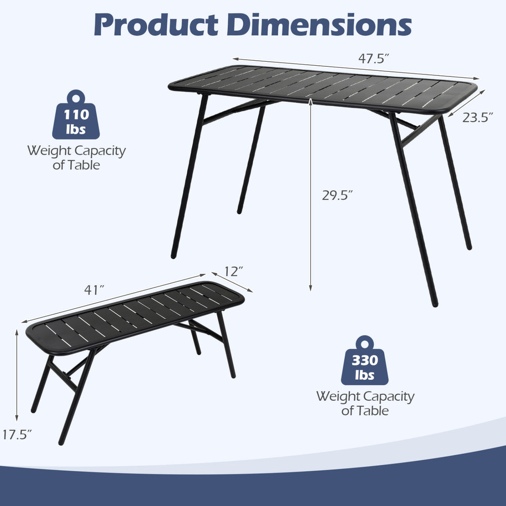Dimensions of the 3-piece outdoor dining set, featuring a black metal table and benches with weight capacities of 110 lbs and 330 lbs.