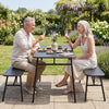3-piece outdoor dining set featuring a black metal table and two benches, ideal for backyard gatherings and easy care.