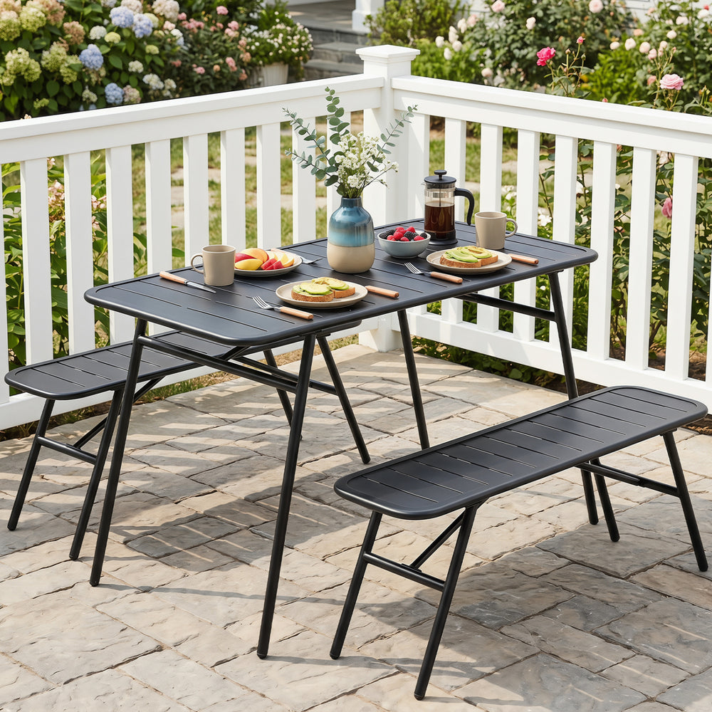 3-piece outdoor dining set in black featuring a table and two benches, ideal for backyard gatherings and easy care.