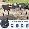 Black slatted dining table from a 3-piece outdoor set, ideal for food and drinks during backyard gatherings.