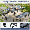 3-piece outdoor dining set featuring a black metal table and two benches, ideal for backyard gatherings and stability.