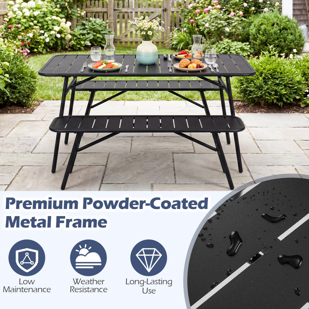 3-piece outdoor dining set featuring a black powder-coated metal frame, ideal for backyard gatherings and easy maintenance.