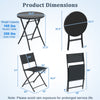 Dimensions of the 3 Piece Outdoor Folding Patio Bistro Set, featuring a tempered glass table and two ergonomic chairs.