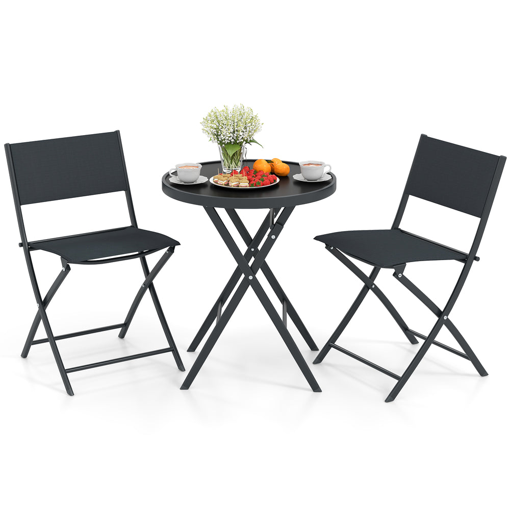 3-piece outdoor folding patio bistro set featuring a tempered glass table and two ergonomic chairs for space-saving.