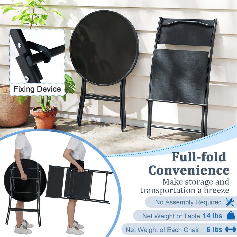 Folding patio chairs with breathable fabric and sturdy metal frame, designed for easy storage and outdoor convenience.