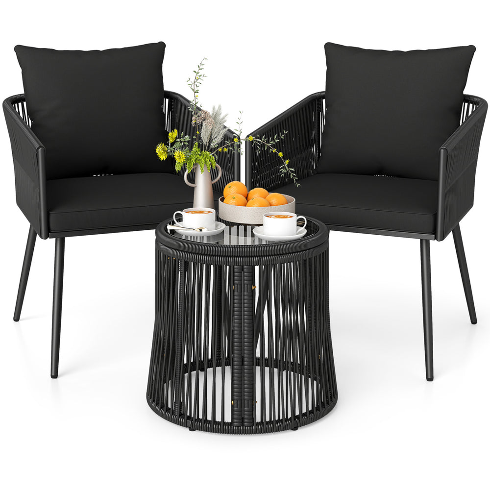 Compact 3-piece outdoor furniture set in black with cushions, perfect for patios or gardens, featuring a durable PE.