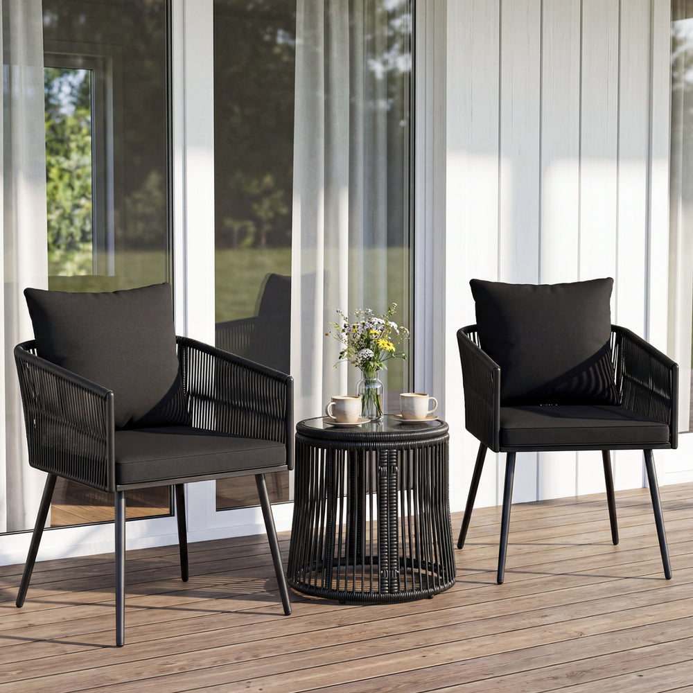 Black 3-piece outdoor furniture set with cushions, featuring ergonomic chairs and a glass-top table for patio.
