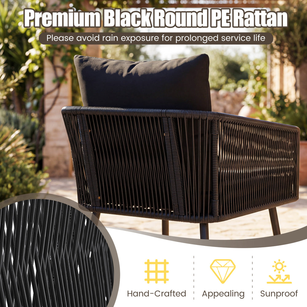 Black round PE rattan chair with soft cushions, designed for outdoor comfort and durability in garden or patio settings.