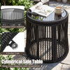 Cylindrical side table with tempered glass tabletop and PE rattan design, perfect for outdoor patios and gardens.