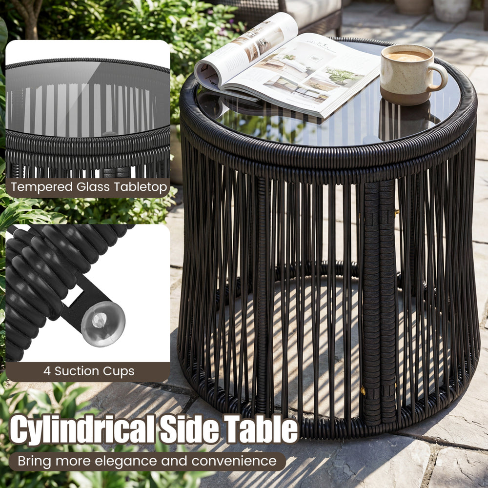 Cylindrical side table with tempered glass tabletop and PE rattan design, perfect for outdoor patios and gardens.