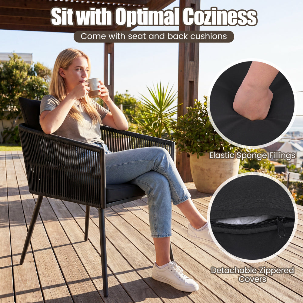 Black outdoor chair with soft cushions and ergonomic backrest, ideal for patio relaxation and comfort.