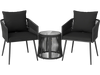 Two black outdoor chairs with cushions and a glass-top table, perfect for patios and gardens.
