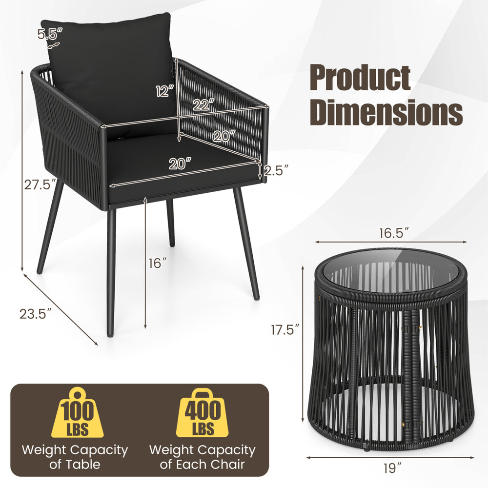 Black outdoor chair with soft cushion, part of a 3-piece furniture set, ideal for patios and gardens.