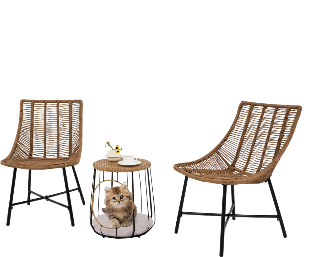 Two ergonomic brown rattan chairs with a side table featuring a pet house, perfect for outdoor patio relaxation.