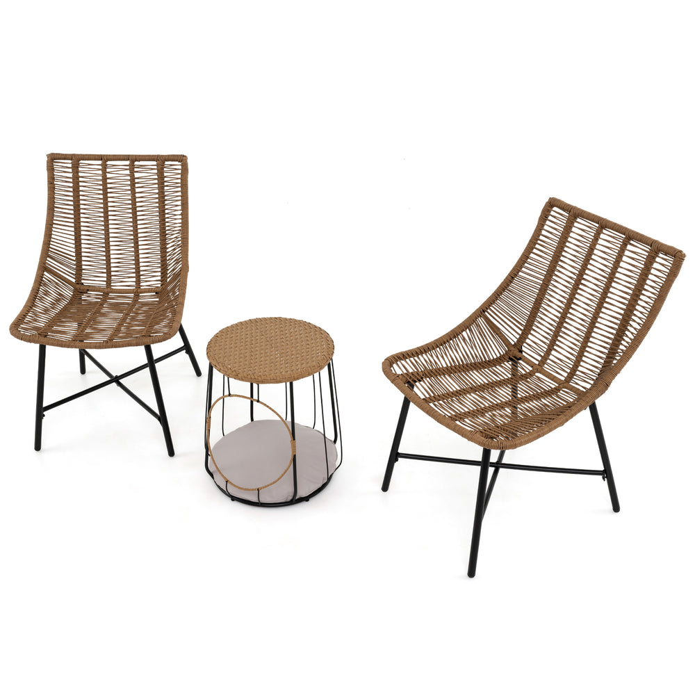 Light brown rattan side chair with ergonomic design and sturdy metal frame, ideal for backyard or poolside relaxation.