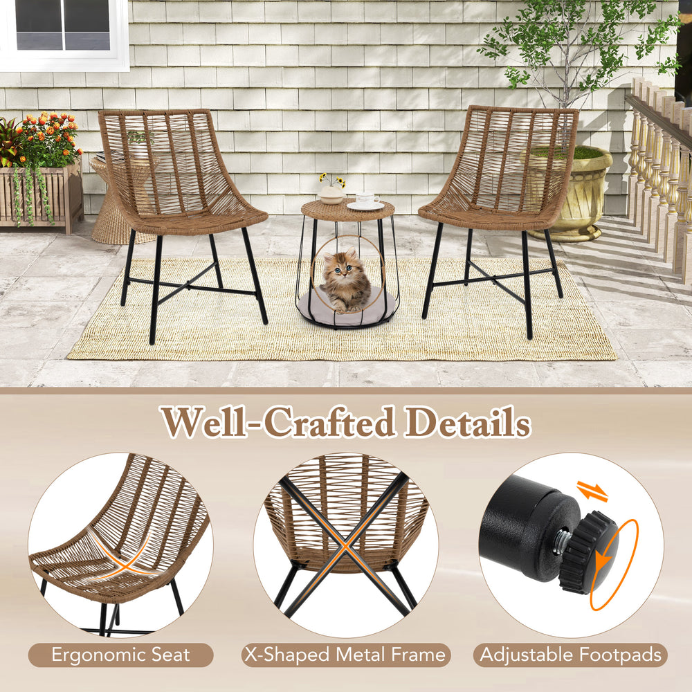 Three-piece outdoor furniture set featuring ergonomic rattan chairs and a side table, perfect for patio relaxation.