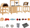 Natural wood mud kitchen with BBQ grill and pizza oven, designed for kids aged 3+, promotes imaginative outdoor cooking play.