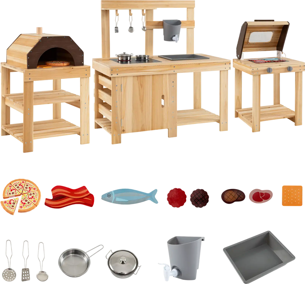 Natural wood mud kitchen with BBQ grill and pizza oven, designed for kids aged 3+, promotes imaginative outdoor cooking play.