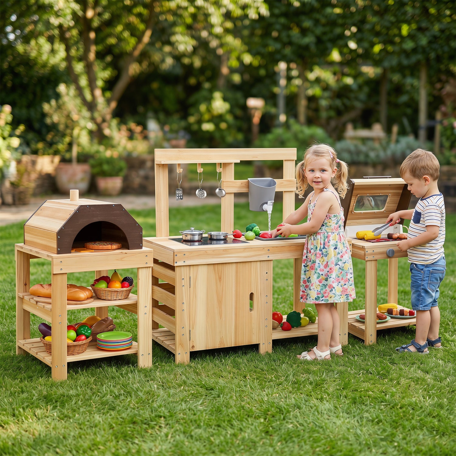 Costway 3-Pc Outdoor Mud Kitchen Playset BBQ Grill Pizza