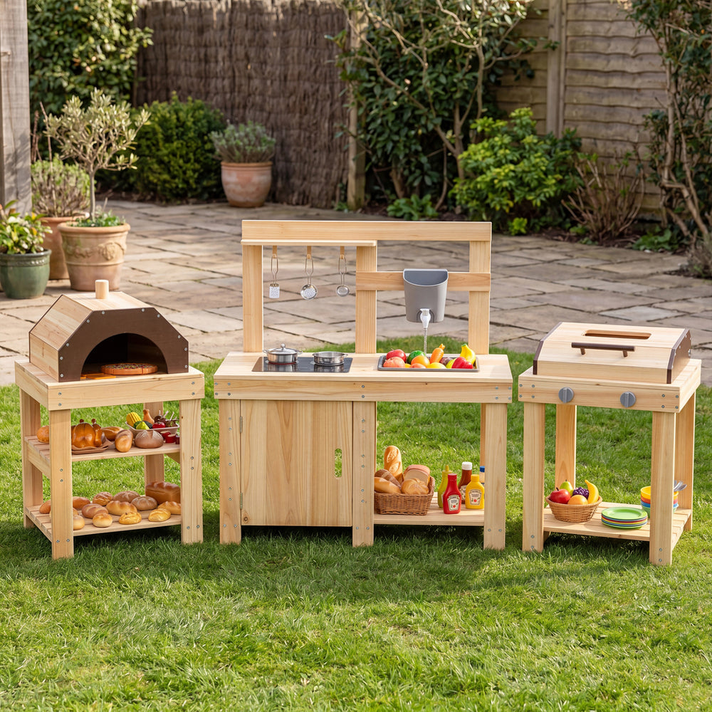 Natural wood pizza oven with thermometer and storage shelves in a 3-piece outdoor kitchen set for kids' imaginative cooking.
