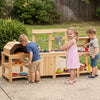 Kids play with the 3-piece outdoor kitchen set featuring a BBQ grill, pizza oven, and solid fir wood construction.