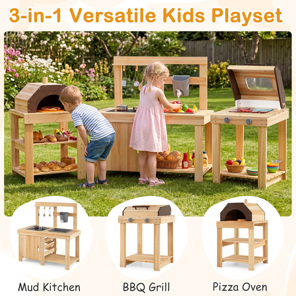 3-piece outdoor kitchen set featuring a mud kitchen, BBQ grill, and pizza oven made of solid fir wood for kids' role play.