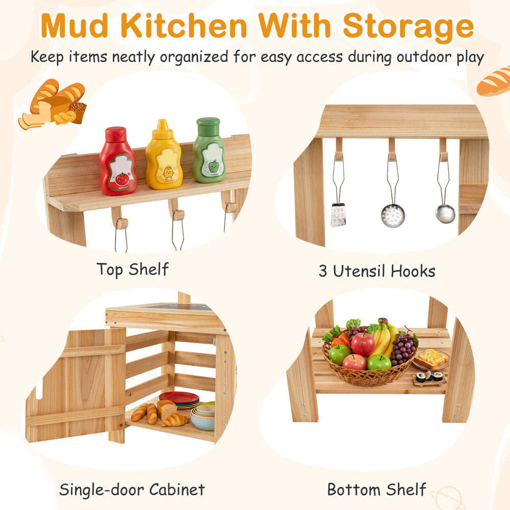 Mud kitchen with storage features solid fir wood, BBQ grill, pizza oven, and organized shelves for outdoor play.