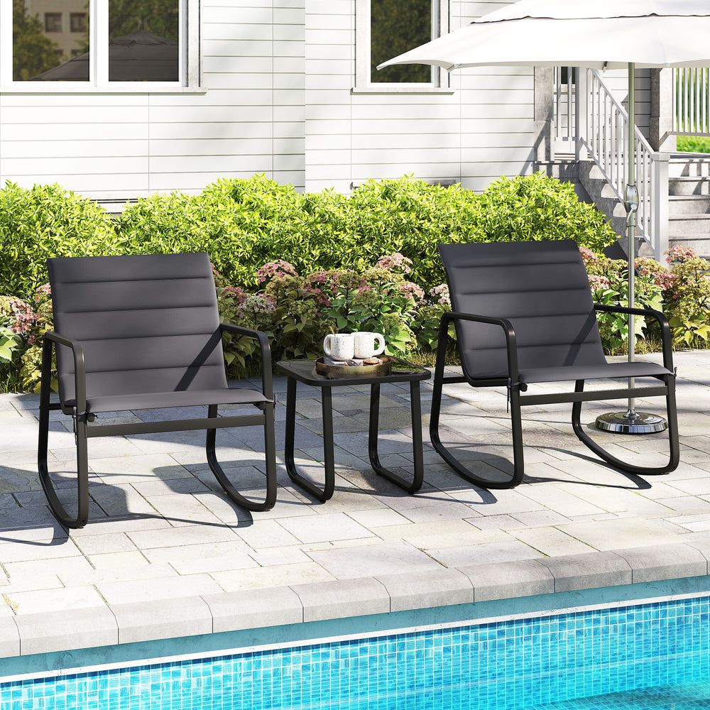 Gray outdoor rocking bistro set featuring two chairs and a tempered glass table, perfect for patio or poolside.
