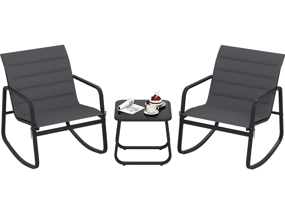 Gray rocking chairs with a tempered glass table, perfect for outdoor patios and porches, featuring anti-slip mats.