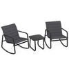 Gray outdoor rocking bistro set featuring two chairs and a tempered glass table, perfect for patio relaxation.