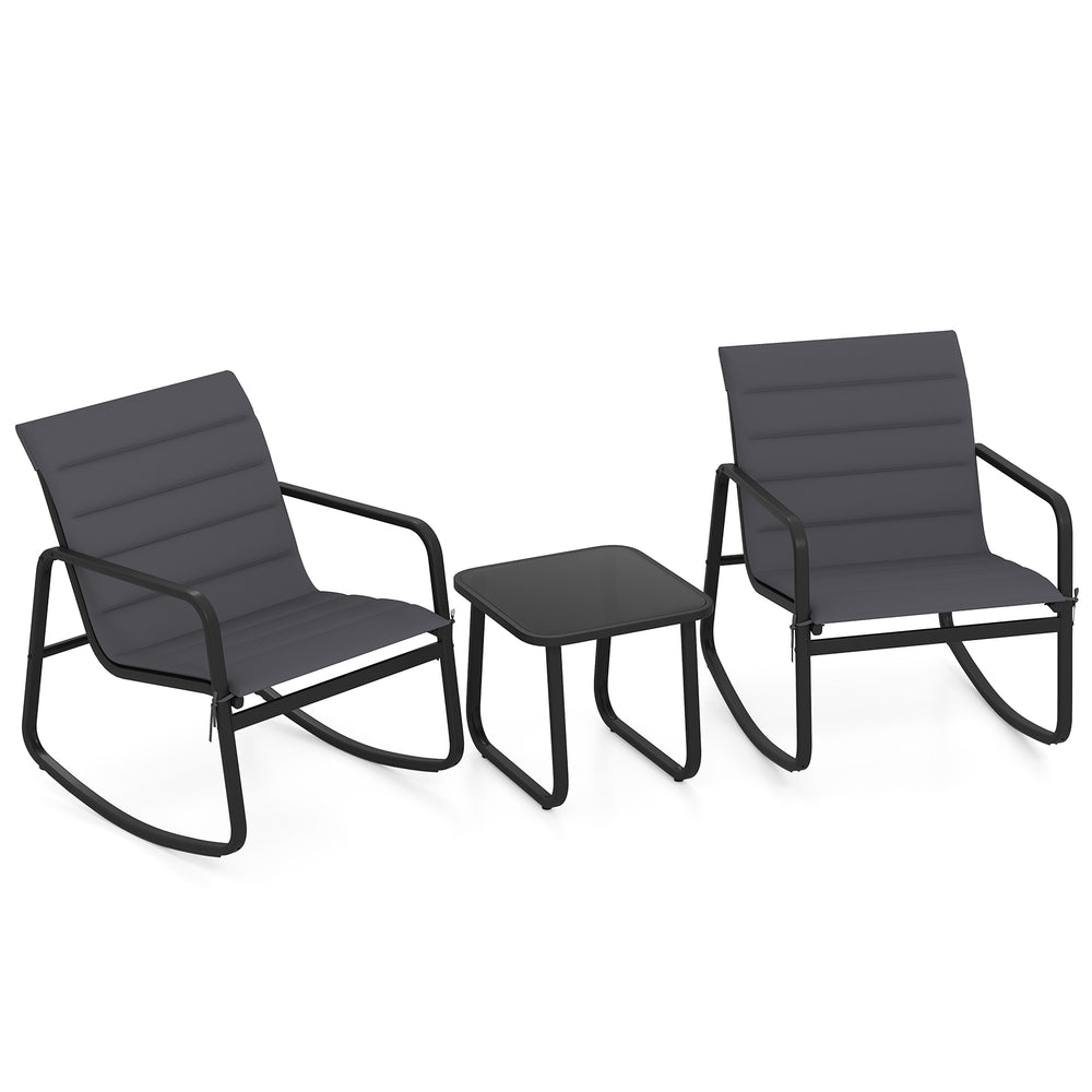 Gray outdoor rocking bistro set featuring two chairs and a tempered glass table, perfect for patio relaxation.