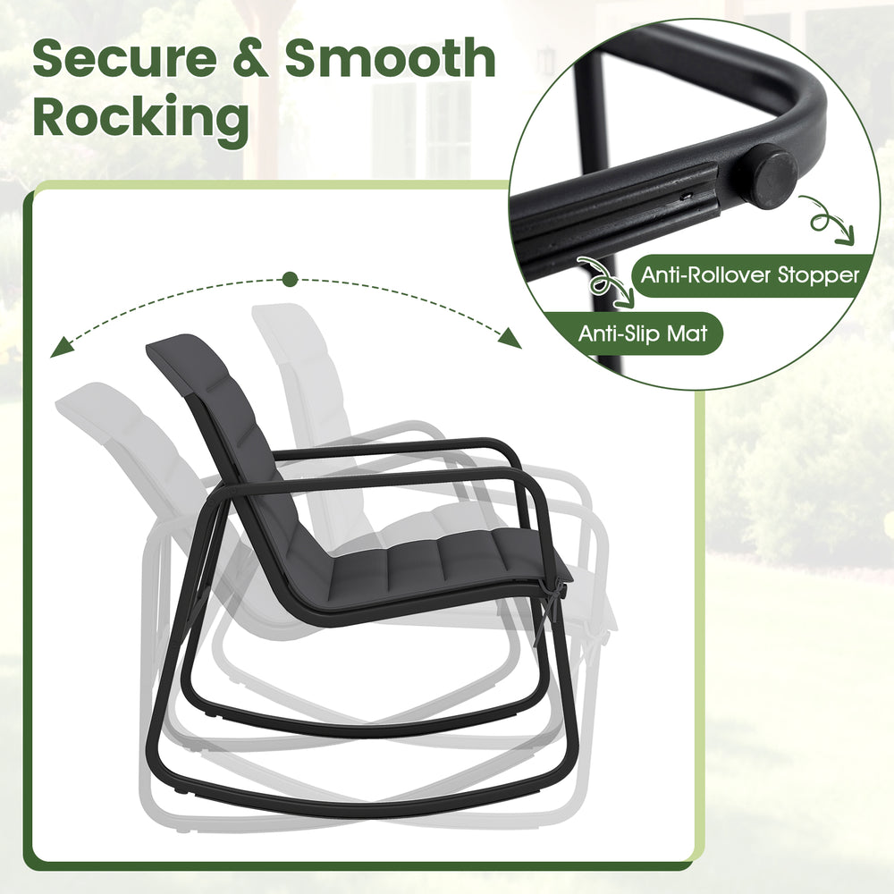 Gray rocking chair from the 3 Piece Outdoor Bistro Set featuring anti-slip mats and comfortable armrests for patio use.