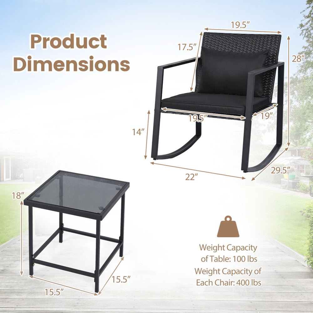 3-piece outdoor rocking bistro set featuring a tempered glass table and cushioned chairs, ideal for patio relaxation.