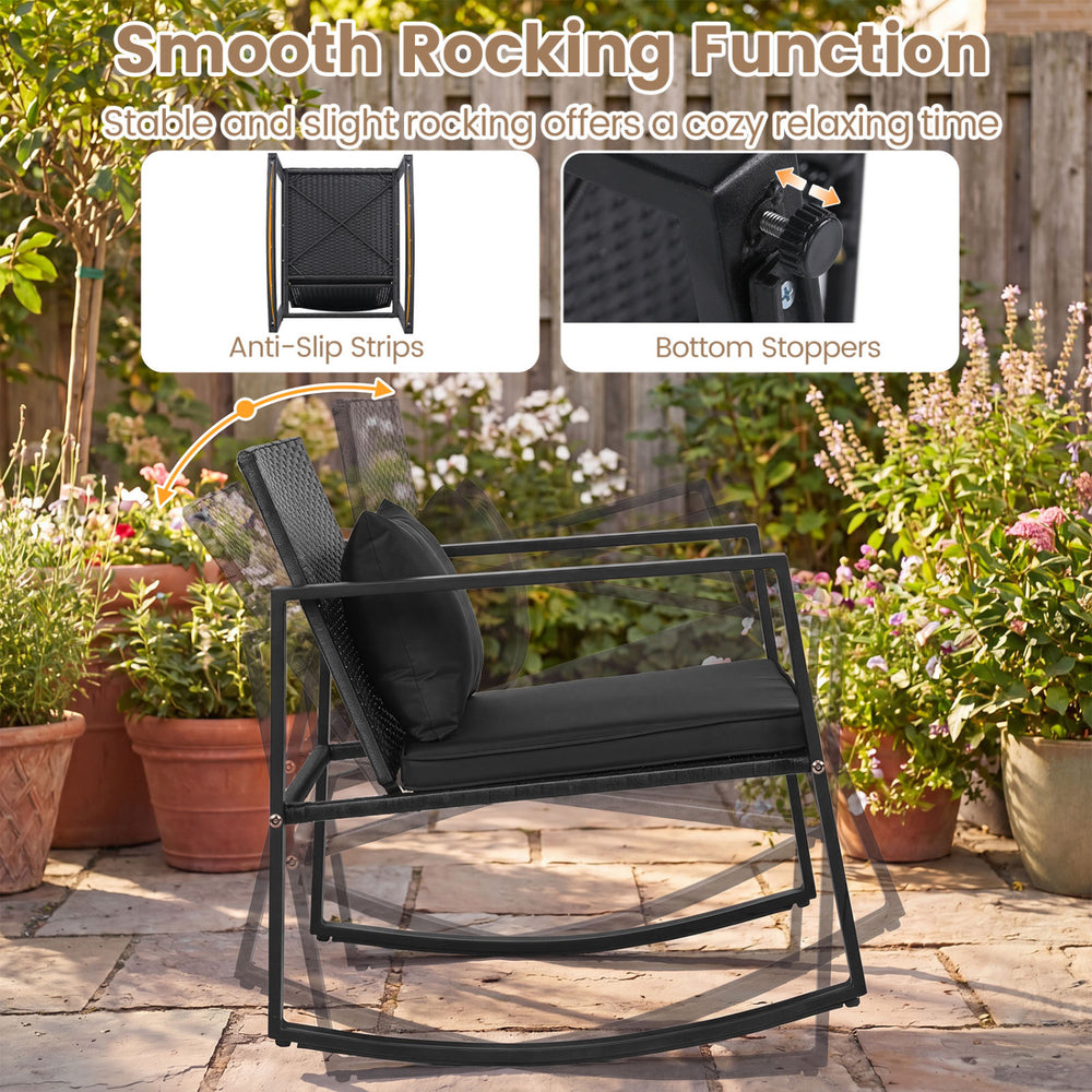 3-piece outdoor rocking bistro set featuring soft cushions, tempered glass table, and anti-slip strips for secure.